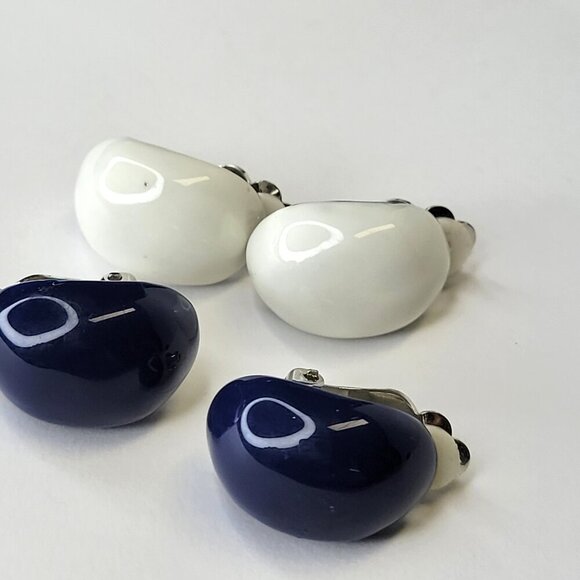 Dark Blue Clip On Earrings Oval Shaped Enamelled Earrings - Picture 3 of 4